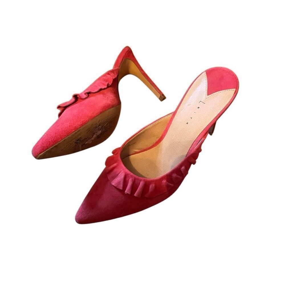 LEITH | pink suede mule heels with ruffle detail 8 - Picture 5 of 14